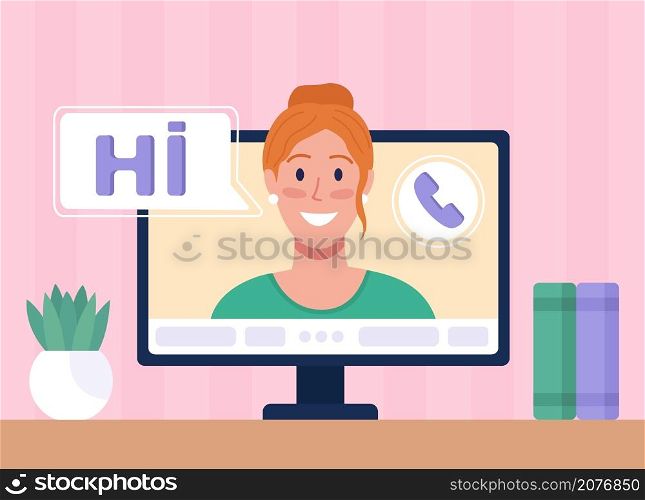 Chatting with female friend online flat color vector illustration. Using video calling service. Virtual friendship. Smiling red haired lady 2D cartoon character with computer monitor on background. Chatting with female friend online flat color vector illustration