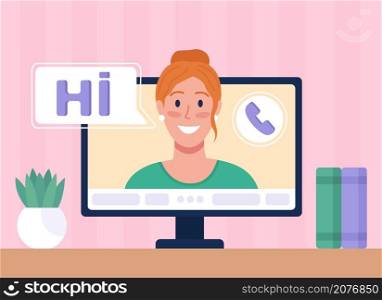 Chatting with female friend online flat color vector illustration. Using video calling service. Virtual friendship. Smiling red haired lady 2D cartoon character with computer monitor on background. Chatting with female friend online flat color vector illustration