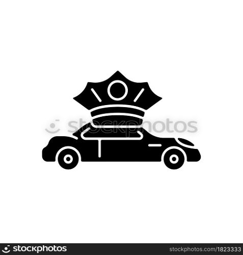 Chauffeur hire black glyph icon. Providing personal driver. Driving passenger vehicle. Transporting clients. Operating luxury cars. Silhouette symbol on white space. Vector isolated illustration. Chauffeur hire black glyph icon