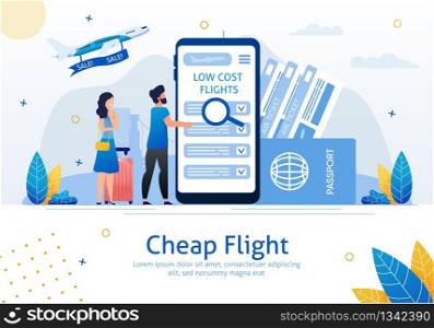Cheap Flights, Airline Sale Search Mobile App, Airplane Tickets Booking Service Trendy Flat Vector Ad Banner, Poster. Couple with Baggage Searching Low Cost Flights on Cellphone Screen Illustration