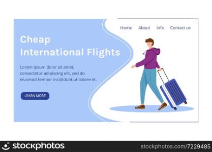 Cheap international flights landing page vector template. Best travel deals website interface with flat illustrations. Budget tourism homepage layout. Low cost flights banner, webpage cartoon concept. Cheap international flights landing page vector template