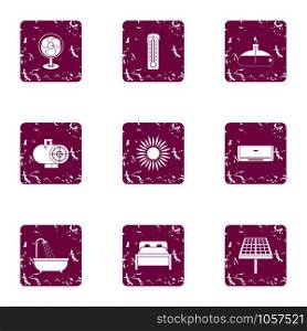 Cheap motel icons set. Grunge set of 9 cheap motel vector icons for web isolated on white background. Cheap motel icons set, grunge style