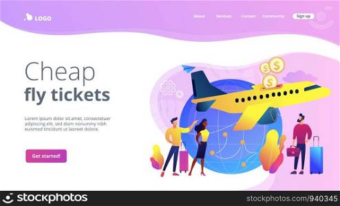 Cheap tickets for air transportation. Cost-efficient last minute flight offers. Economy class airlines for tourists, travelers with limited budget.Website homepage landing web page template.. Low cost flights concept landing page