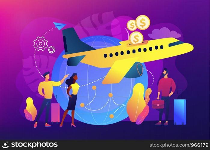 Cheap tickets for air transportation. Cost-efficient last minute flight offers. Economy class airlines for tourists, travelers with limited budget. Low cost flights concept vector illustration. Low cost flights concept vector illustration