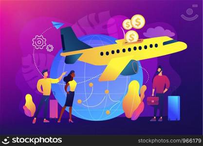 Cheap tickets for air transportation. Cost-efficient last minute flight offers. Economy class airlines for tourists, travelers with limited budget. Low cost flights concept vector illustration. Low cost flights concept vector illustration