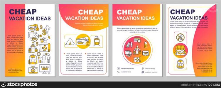 Cheap tourism ideas brochure template. Using credit card. Public transport. Flyer, booklet, leaflet print, cover design, linear icons. Vector layouts for magazines, annual reports, advertising posters