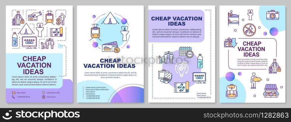 Cheap vacation ideas brochure template. Camping. Advance booking. Flyer, booklet, leaflet print, cover design with linear icons. Vector layouts for magazines, annual reports, advertising posters