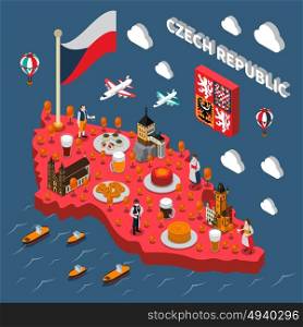 Chech Republic Touristic Attractions Isometric Map. Czech republic isometric map for travelers with typical national food beer and astronomical clock tower vector illustration
