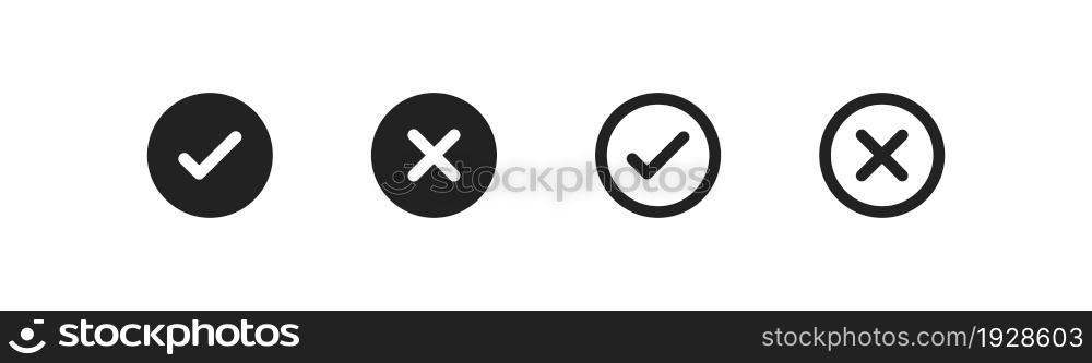 Check and cross mark black icon set. Yes, ok circle concept. Web button in vector flat style.
