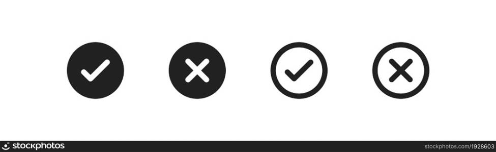 Check and cross mark black icon set. Yes, ok circle concept. Web button in vector flat style.