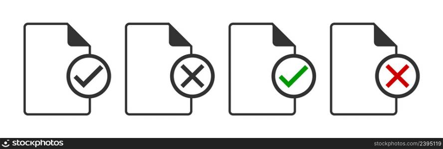 Check and cross mark documents icon. Positive and negative permision illustration symbol. Sign form, file vector.