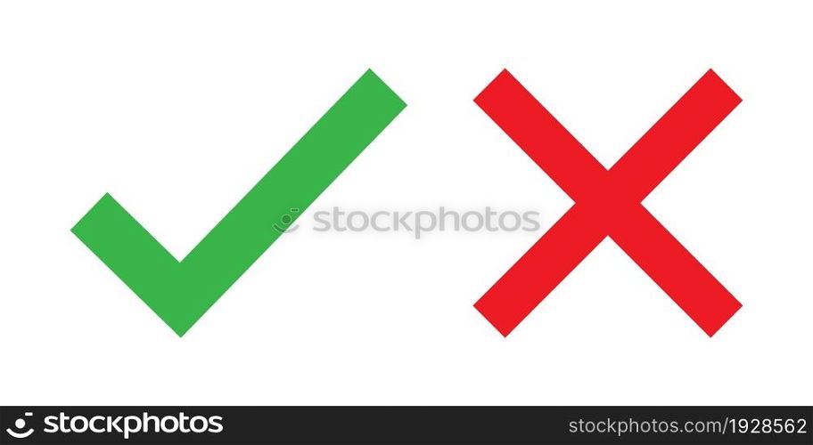 Check and cross mark, red and green color. Vector icon in flat style.