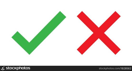 Check and cross mark, red and green color. Vector icon in flat style.