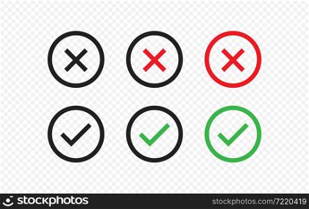 Check and cross mark set. Checkmark icon on transparent background. Ok and yes symbol in vector flat style.