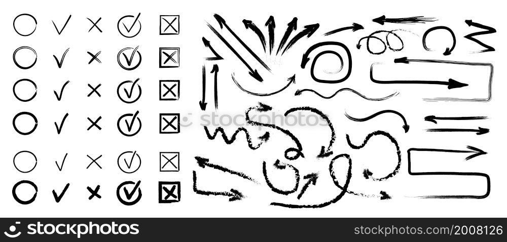 Check and cross mark vector set. Marker cross brush signs. Arrows drawing using digital brushes in grunge style. Black scribble directions and helix arrows for web design, mobile apps. Check and cross mark vector set. Marker cross brush signs. Arrows drawing using digital brushes in grunge style.