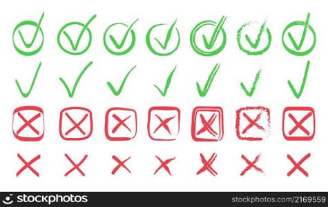 Check and cross mark vector set. Marker cross brush signs. OK and X icons in hand drawn style. YES and NO button.
