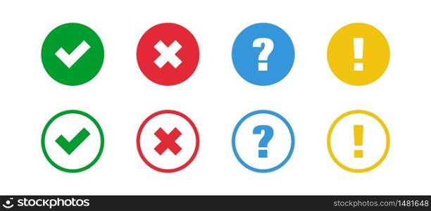 Check and cross, question mark and exclamation point. Web icon set modern vector illustration.