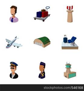Check at airport icons set. Cartoon illustration of 9 check at airport vector icons for web. Check at airport icons set, cartoon style