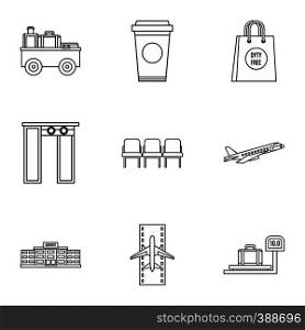 Check at airport icons set. Outline illustration of 9 check at airport vector icons for web. Check at airport icons set, outline style