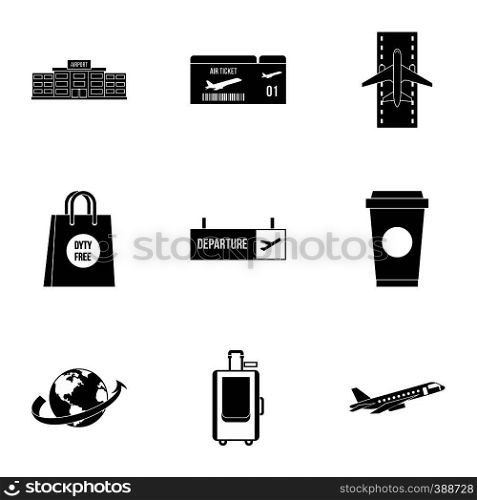 Check at airport icons set. Simple illustration of 9 check at airport vector icons for web. Check at airport icons set, simple style