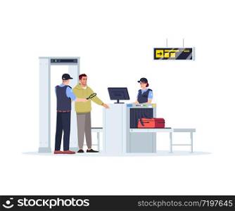 Check before boarding plane semi flat RGB color vector illustration. Security border control. Woman check baggage. Passenger and airport staff isolated cartoon characters on white background
