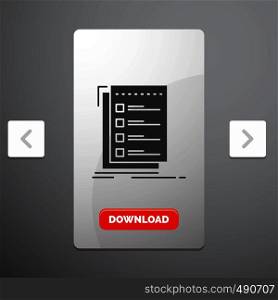 Check, checklist, list, task, to do Glyph Icon in Carousal Pagination Slider Design & Red Download Button. Vector EPS10 Abstract Template background