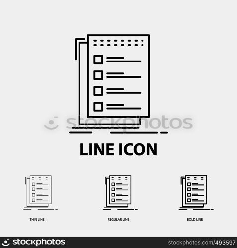 Check, checklist, list, task, to do Icon in Thin, Regular and Bold Line Style. Vector illustration. Vector EPS10 Abstract Template background