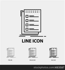 Check, checklist, list, task, to do Icon in Thin, Regular and Bold Line Style. Vector illustration. Vector EPS10 Abstract Template background