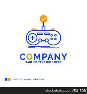 Check, controller, game, gamepad, gaming Blue Yellow Business Logo template. Creative Design Template Place for Tagline.