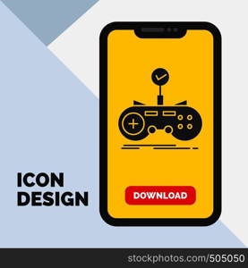 Check, controller, game, gamepad, gaming Glyph Icon in Mobile for Download Page. Yellow Background. Vector EPS10 Abstract Template background