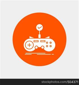 Check, controller, game, gamepad, gaming White Glyph Icon in Circle. Vector Button illustration. Vector EPS10 Abstract Template background