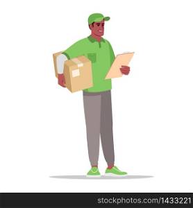 Check delivery semi flat RGB color vector illustration. Postman man holding clipboard and cardboard package. Male african courier in green uniform isolated cartoon character on white background. Check delivery semi flat RGB color vector illustration