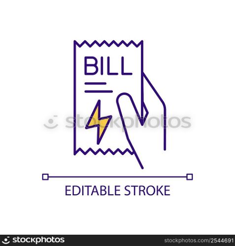 Check electricity bill RGB color icon. Monthly payment. Essential service. Paying for energy. Utility bill. Isolated vector illustration. Simple filled line drawing. Editable stroke. Arial font used. Check electricity bill RGB color icon