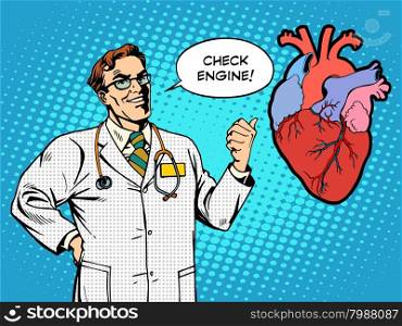 Check engine doctor medicine heart health pop art retro style. Check engine doctor medicine heart health