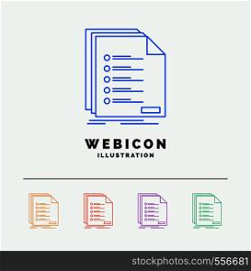 Check, filing, list, listing, registration 5 Color Line Web Icon Template isolated on white. Vector illustration. Vector EPS10 Abstract Template background