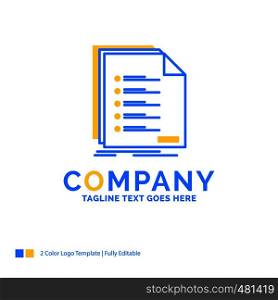 Check, filing, list, listing, registration Blue Yellow Business Logo template. Creative Design Template Place for Tagline.