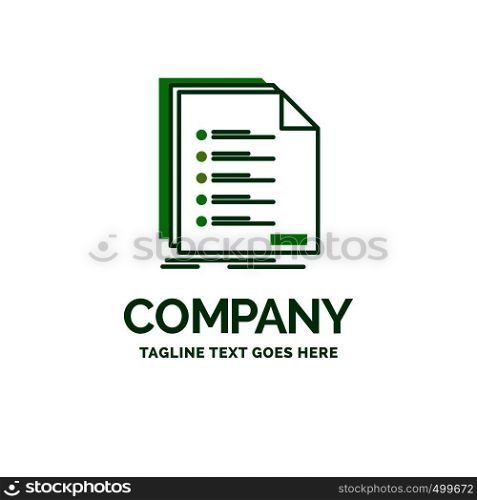 Check, filing, list, listing, registration Flat Business Logo template. Creative Green Brand Name Design.