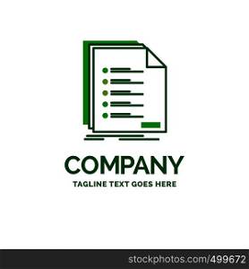 Check, filing, list, listing, registration Flat Business Logo template. Creative Green Brand Name Design.