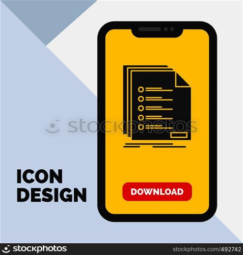 Check, filing, list, listing, registration Glyph Icon in Mobile for Download Page. Yellow Background. Vector EPS10 Abstract Template background