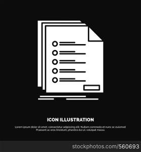 Check, filing, list, listing, registration Icon. glyph vector symbol for UI and UX, website or mobile application. Vector EPS10 Abstract Template background