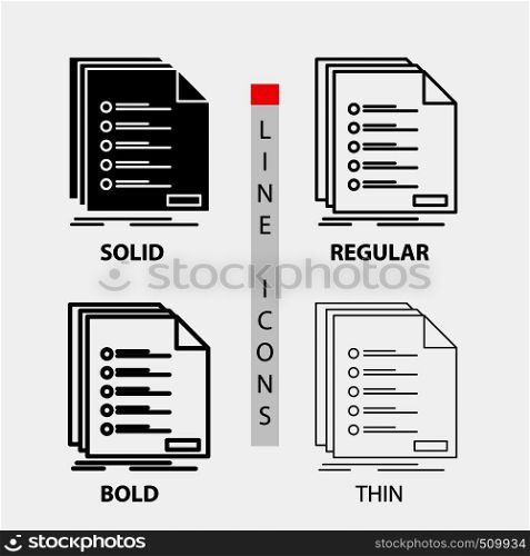 Check, filing, list, listing, registration Icon in Thin, Regular, Bold Line and Glyph Style. Vector illustration. Vector EPS10 Abstract Template background