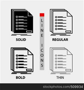 Check, filing, list, listing, registration Icon in Thin, Regular, Bold Line and Glyph Style. Vector illustration. Vector EPS10 Abstract Template background