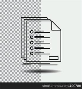 Check, filing, list, listing, registration Line Icon on Transparent Background. Black Icon Vector Illustration. Vector EPS10 Abstract Template background
