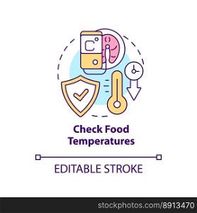 Check food temperatures concept icon. Products storage. HACCP on practice abstract idea thin line illustration. Isolated outline drawing. Editable stroke. Arial, Myriad Pro-Bold fonts used. Check food temperatures concept icon
