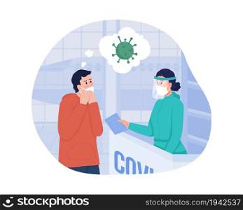 Check for travel during covid 2D vector isolated illustration. Flight check in. People in face masks flat characters on cartoon background. Pandemic healthcare precaution colourful scene. Check for travel during covid 2D vector isolated illustration