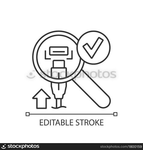 Check if connector and port match linear manual label icon. Thin line customizable illustration. Contour symbol. Vector isolated outline drawing for product use instructions. Editable stroke. Check if connector and port match linear manual label icon