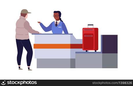 Check in airport terminal. Border security in checkpoint and traveler with bags standing at scanning conveyor vector travel concept. Check in airport terminal. Border security and traveler with bags standing at scanning conveyor vector travel concept
