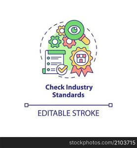Check industry standards concept icon. Research and analyze. Financial plan abstract idea thin line illustration. Isolated outline drawing. Editable stroke. Roboto-Medium, Myriad Pro-Bold fonts used. Check industry standards concept icon