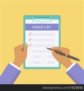 Check list on clipboard with hands vector illustration. Checklist document on board with paper clip. Flat man hands holding pen and clipboard with check list on yellow background for social media. Check list clipboard with flat hands yellow banner