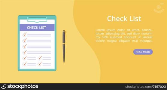 Check list on clipboard with pen landing page concept. Website page vector template, checklist on board with clip. Online check list service landing concept yellow illustration with pen and clipboard. Check list clipboard yellow landing page concept